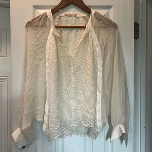 Creme Sheer Blouse - Polka Dot Sleeve Pattern - Size Medium Long Sleeve Shirt